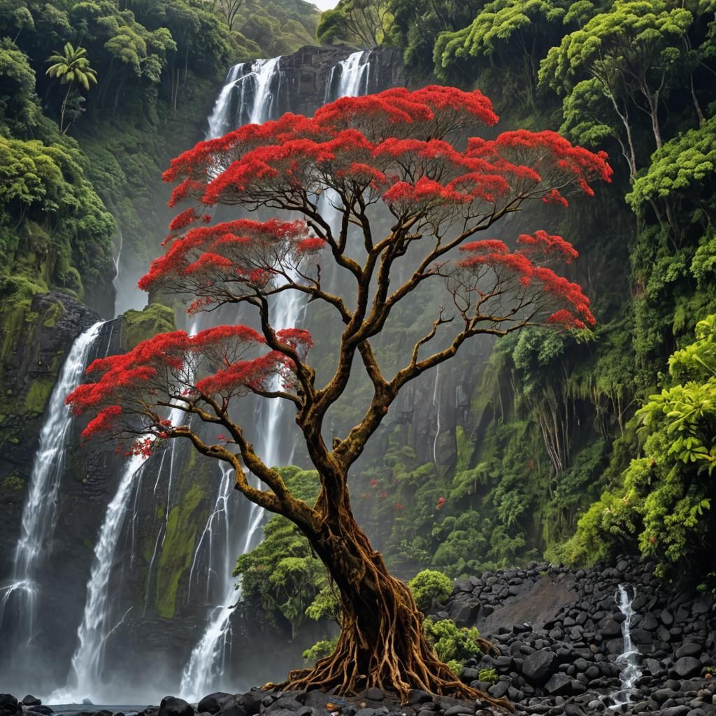 Réunion Island: Flamboyant Tree and Waterfall Scene