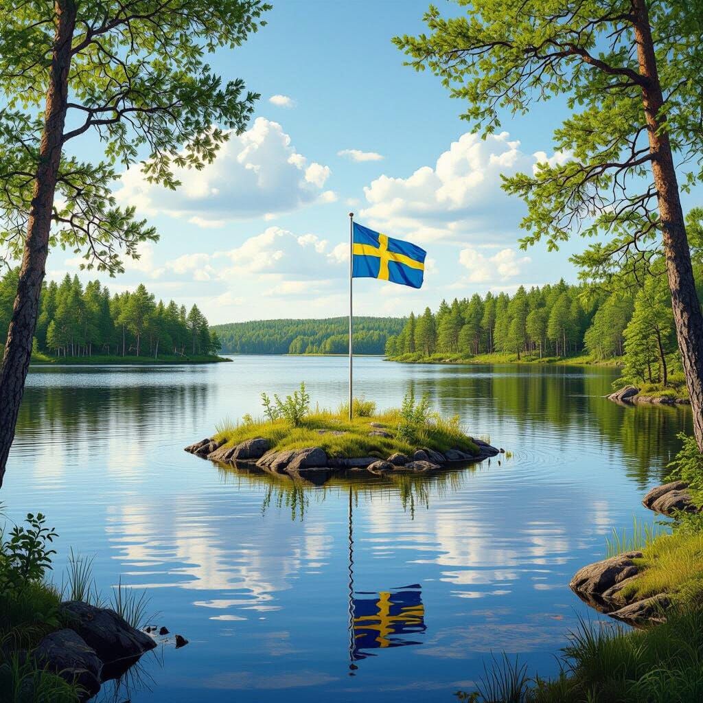 Serene Lake with Swedish Flag in Hyperrealistic Digital Pain...