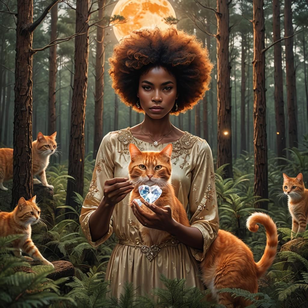Cat Offers Crystal Heart to Woman in Forest