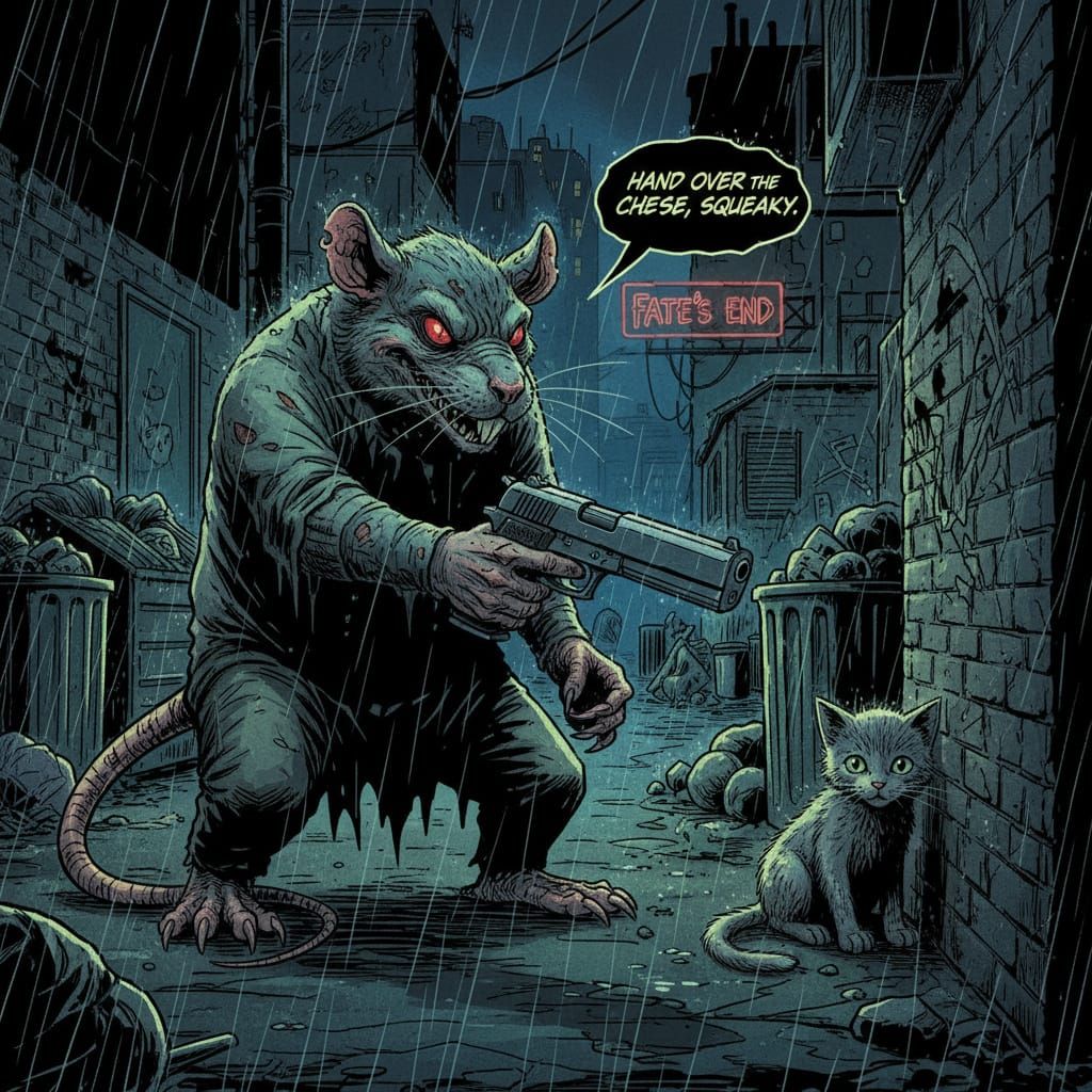 Terrified Cat Faces Armed Rat in Dark Alley