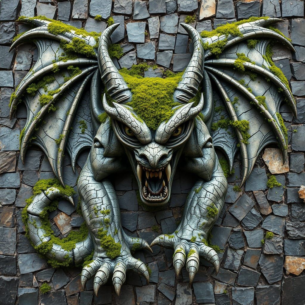 Ethereal Gargoyle Mosaic in Faded Slate and Stone