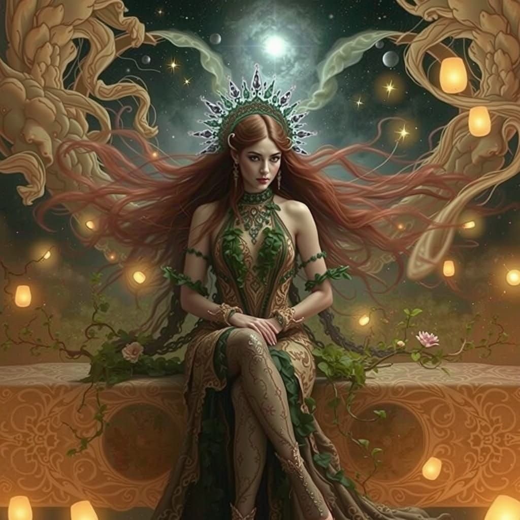 Enigmatic Being with Twirling Hair and Intricate Headdress i...