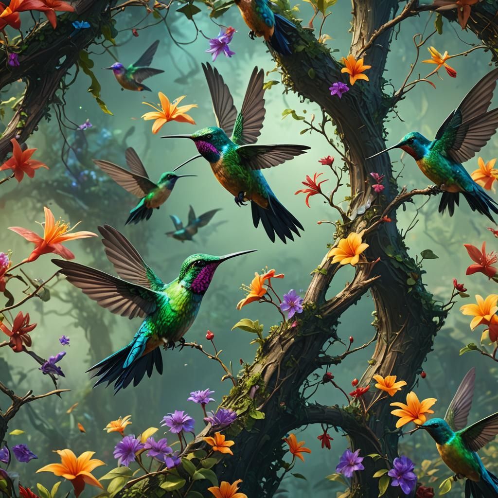 Detailed Hummingbird Matte Painting in Deep Color