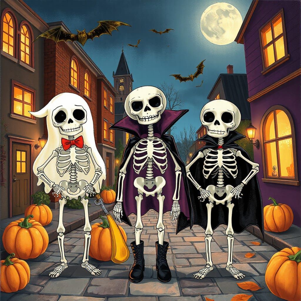 Playful Skeletons in Halloween Costumes for Kids