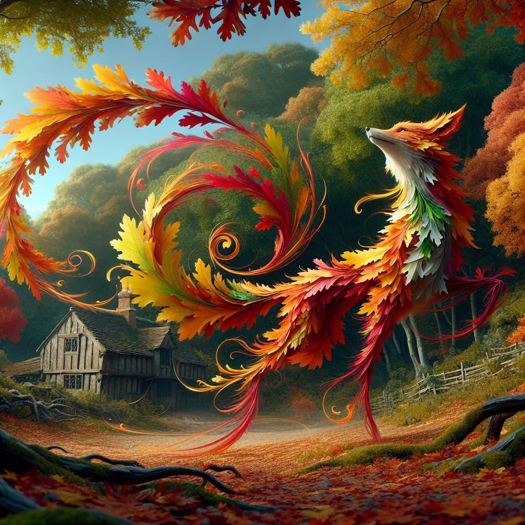 Whimsical Fox Made of Leaves in Autumn Forest