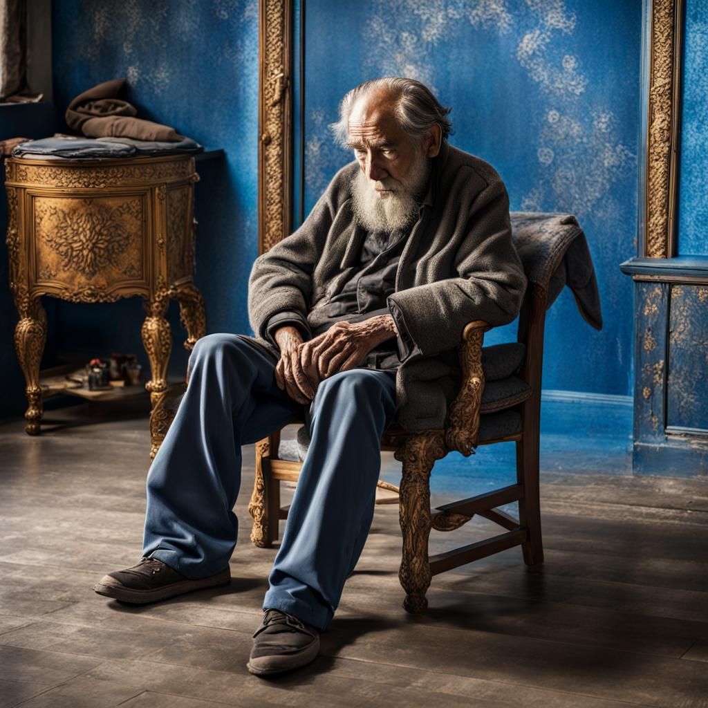 Homeless Man in Lavish Blue Room, Hyperrealistic Photography