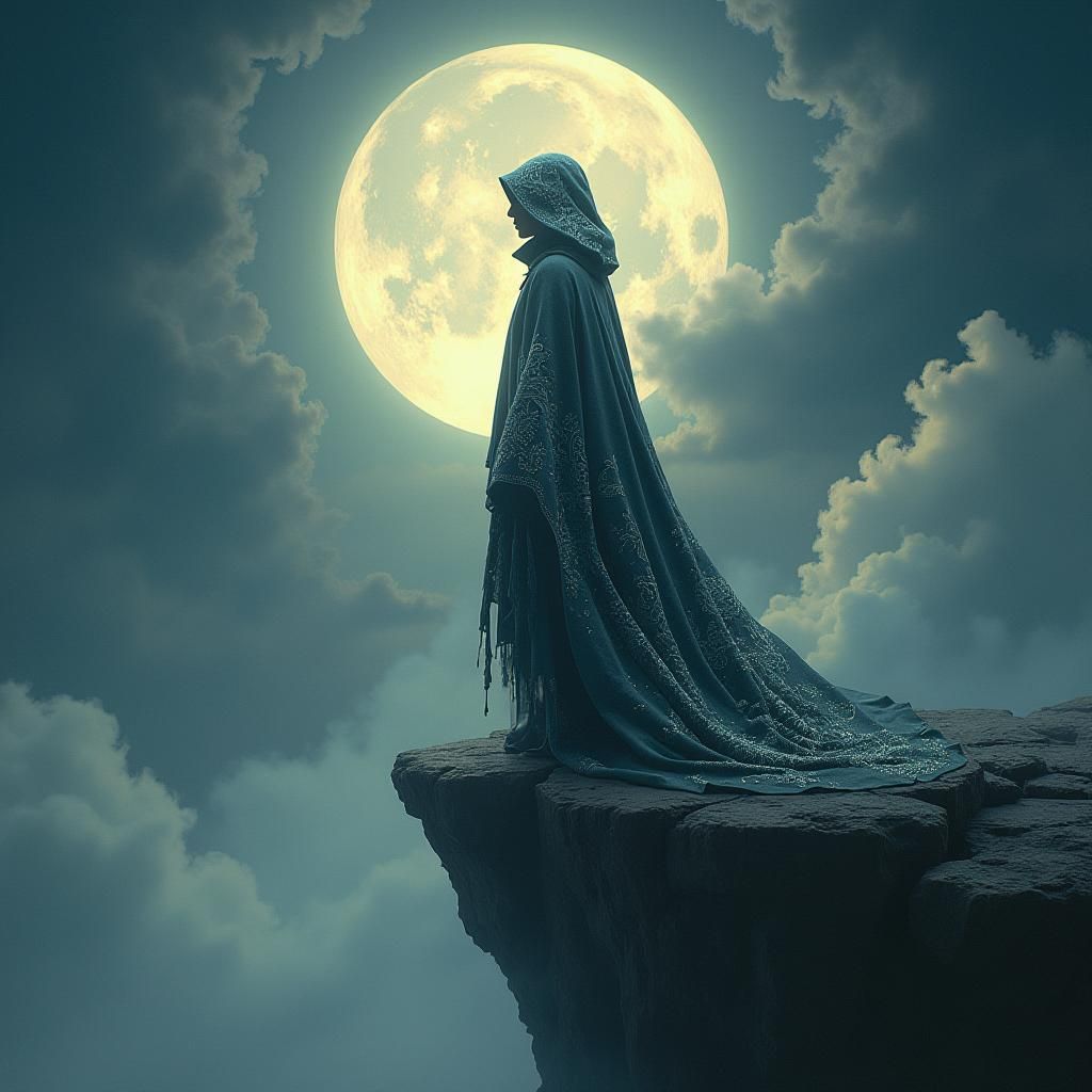 Ethereal Figure Amidst Iridescent Mist: Surreal Landscape