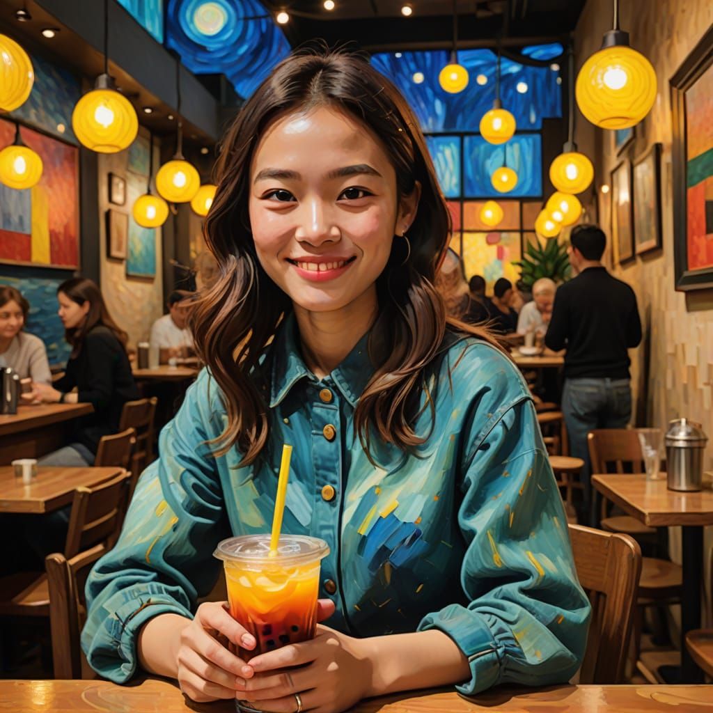Vibrant Oil Painting of a Young Woman with Bubble Tea in a T...