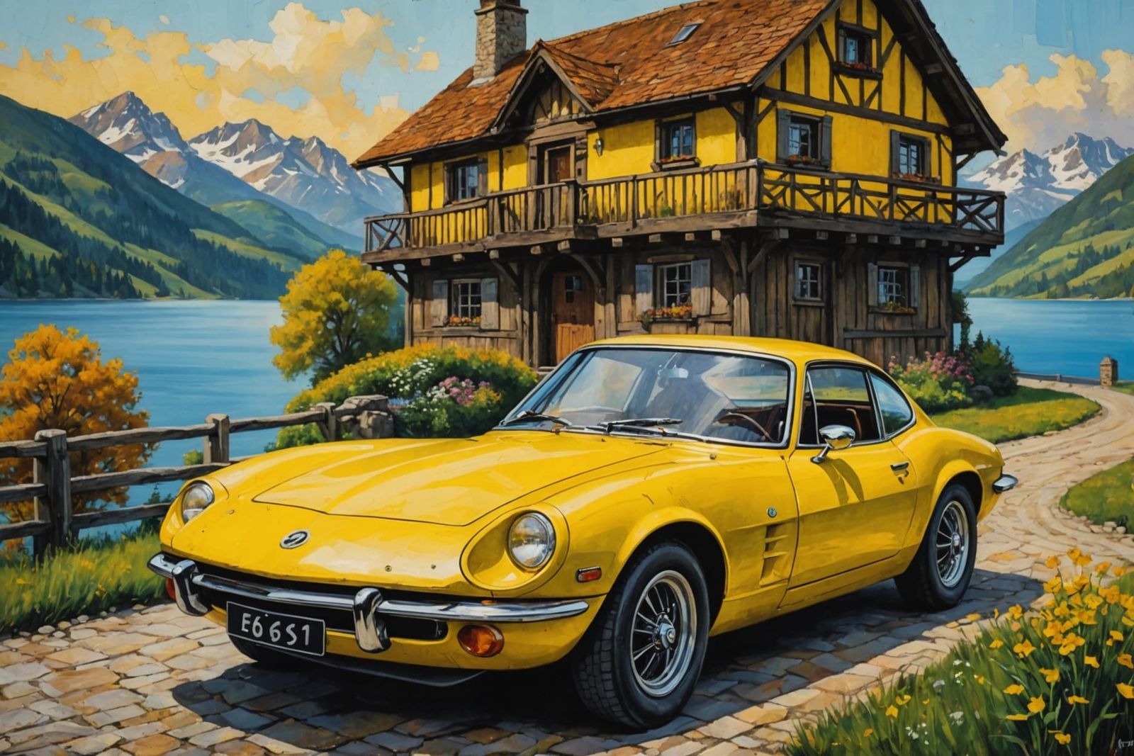 Yellow Opel GT Acrylic Painting with Surreal Elements