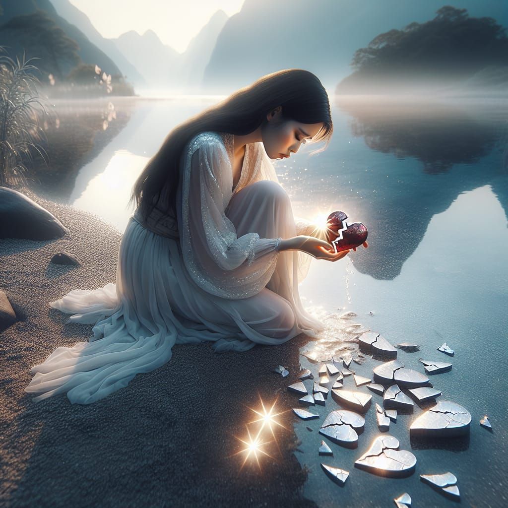 Asian Woman Mending a Broken Heart by a Lake