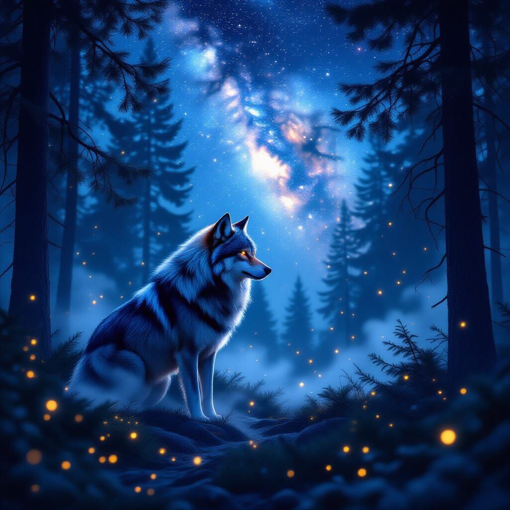 Supernova Wolf in Starry Pine Forest with Fireflies