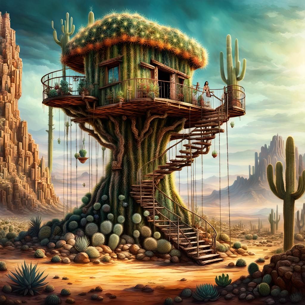 Magical Cactus Treehouse in Desert Landscape