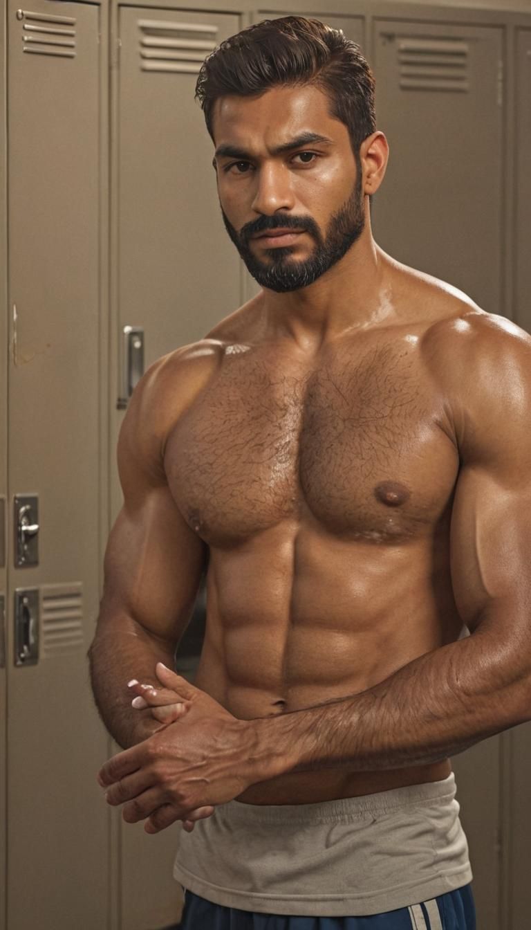 Hyper-Realistic Muscular Latino Man in Locker Room