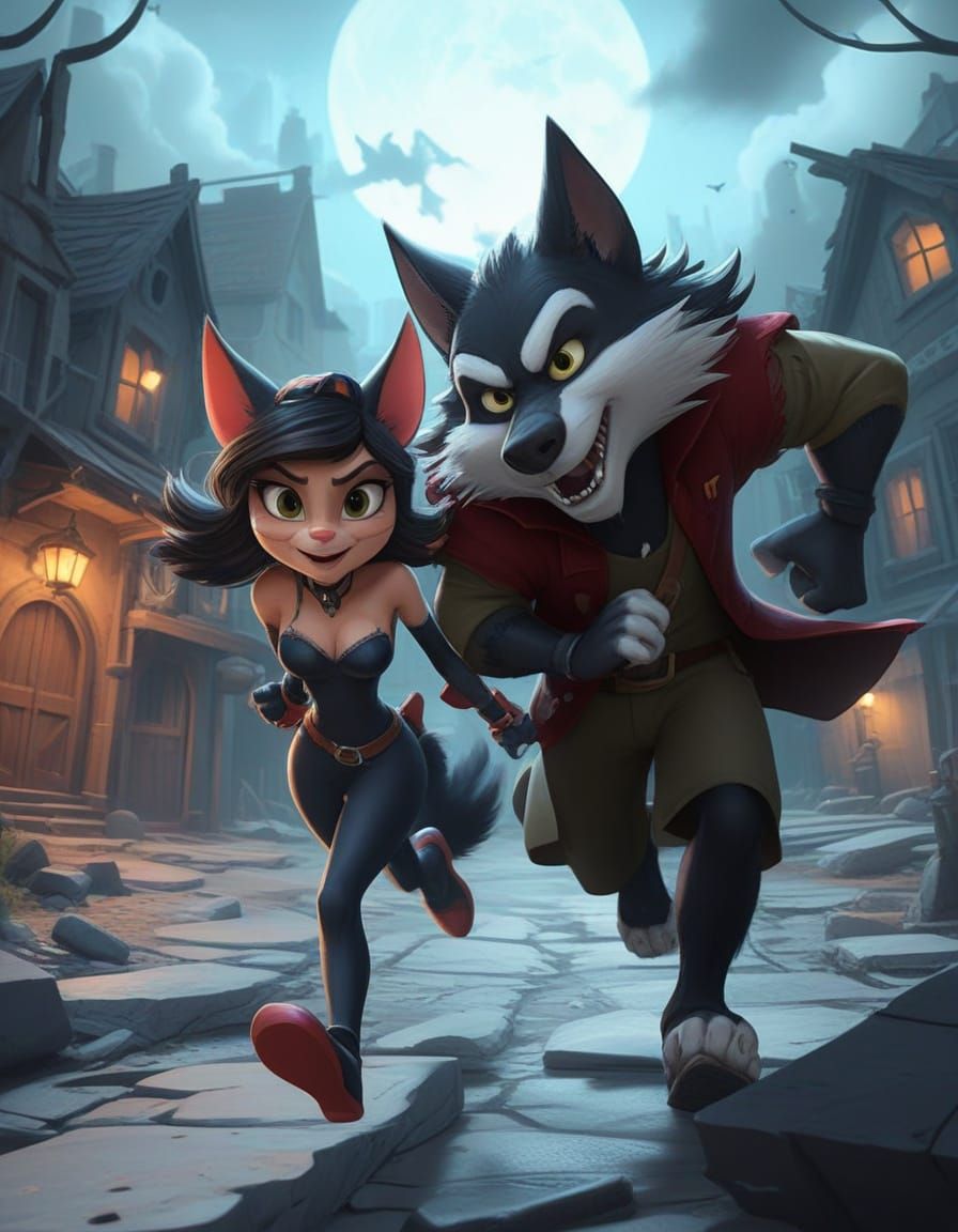 Epic Feline and Canine Escape in Vibrant Cartoon Style