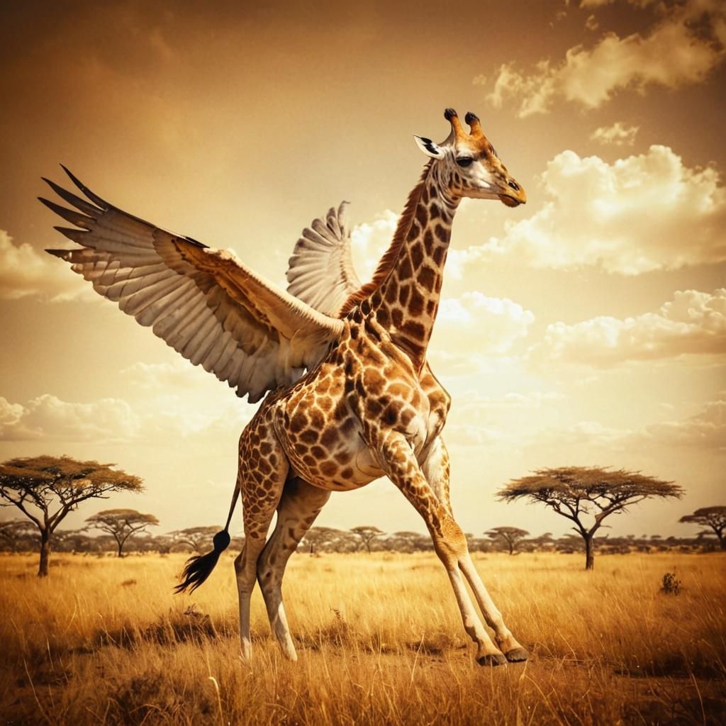 Giraffe Pegasus in Flight: Vintage Polaroid Style
