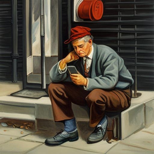 Man Waiting for Bus in Rockwell Style