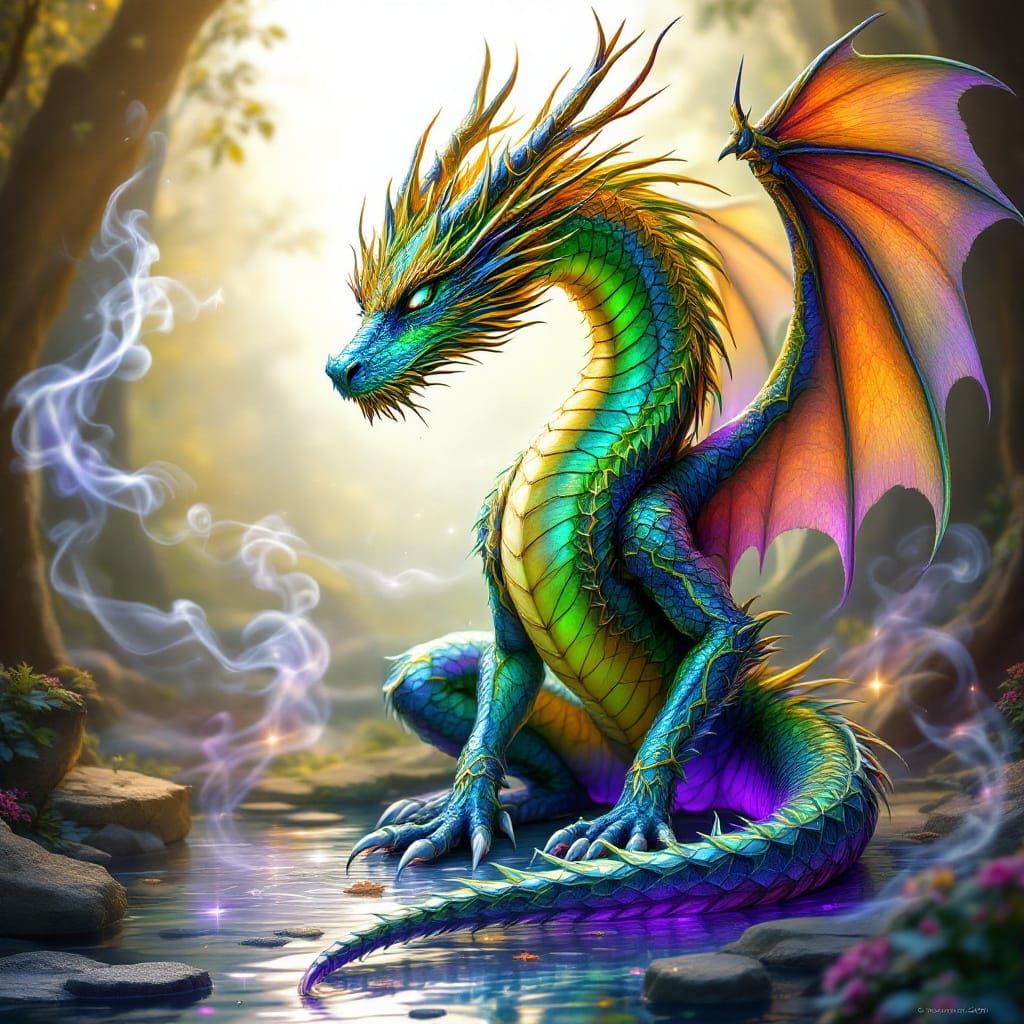 Psychedelic Enchanted Dragon in Storybook Setting