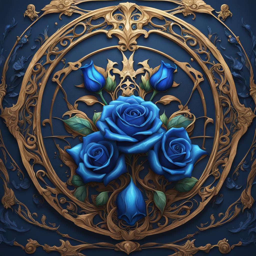 Art Nouveau Jeweled Blue Rose Painting