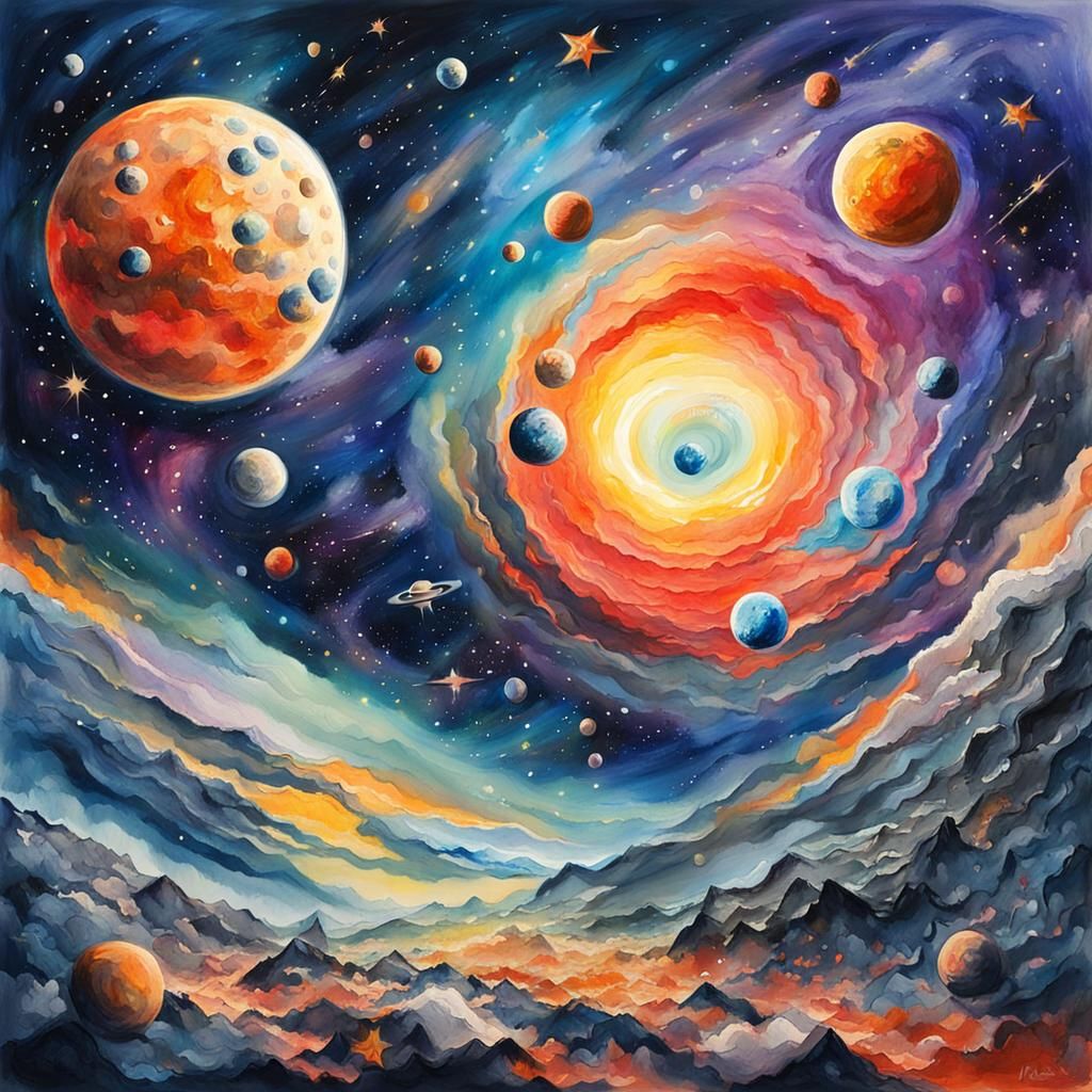 Cosmic Event in Gouache Style Impressionist Painting