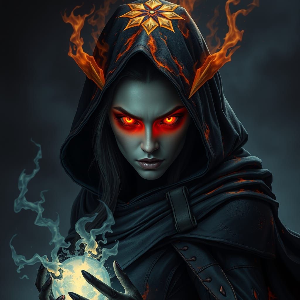Dark Sorceress with Fiery Eyes in Black Cloak