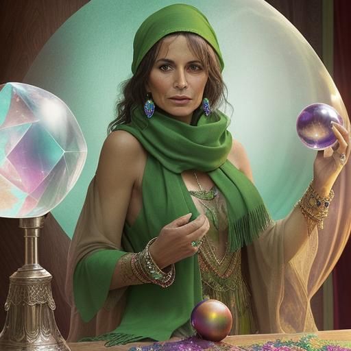 Fortune Teller with Crystal Ball and Green Scarf