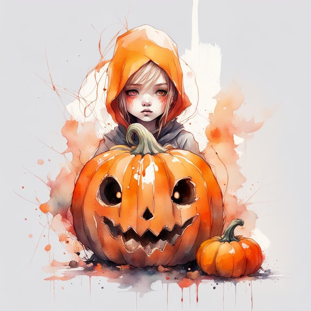 Chibi Pumpkin Ghost in Watercolor Style