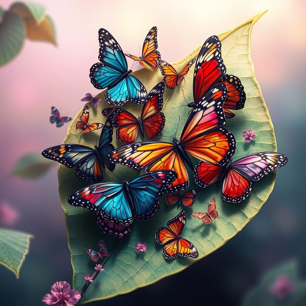 Vibrant Butterflies on a Colorful Leaf in Dreamlike Style