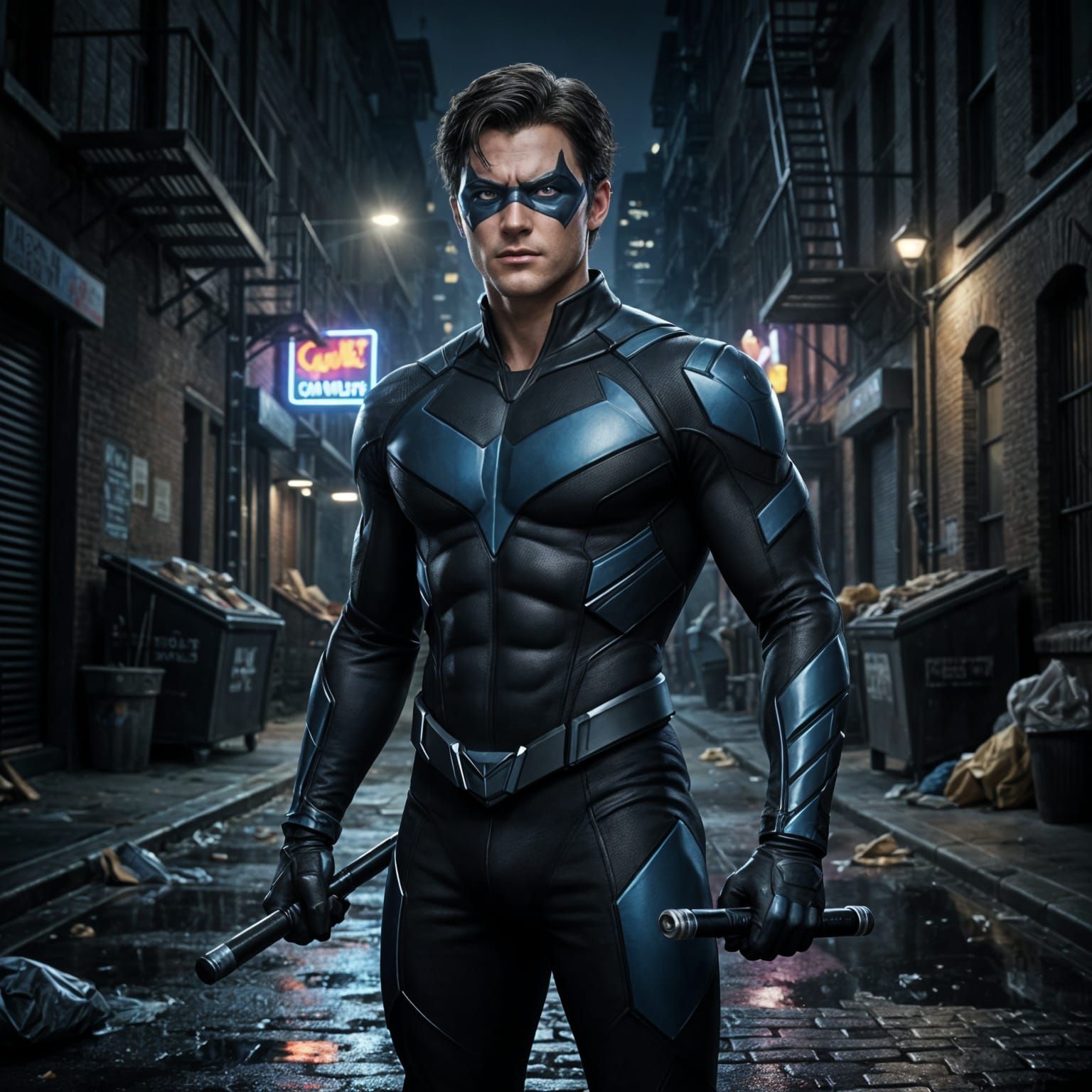 Nightwing in a Gritty, Rain-Slicked Alleyway