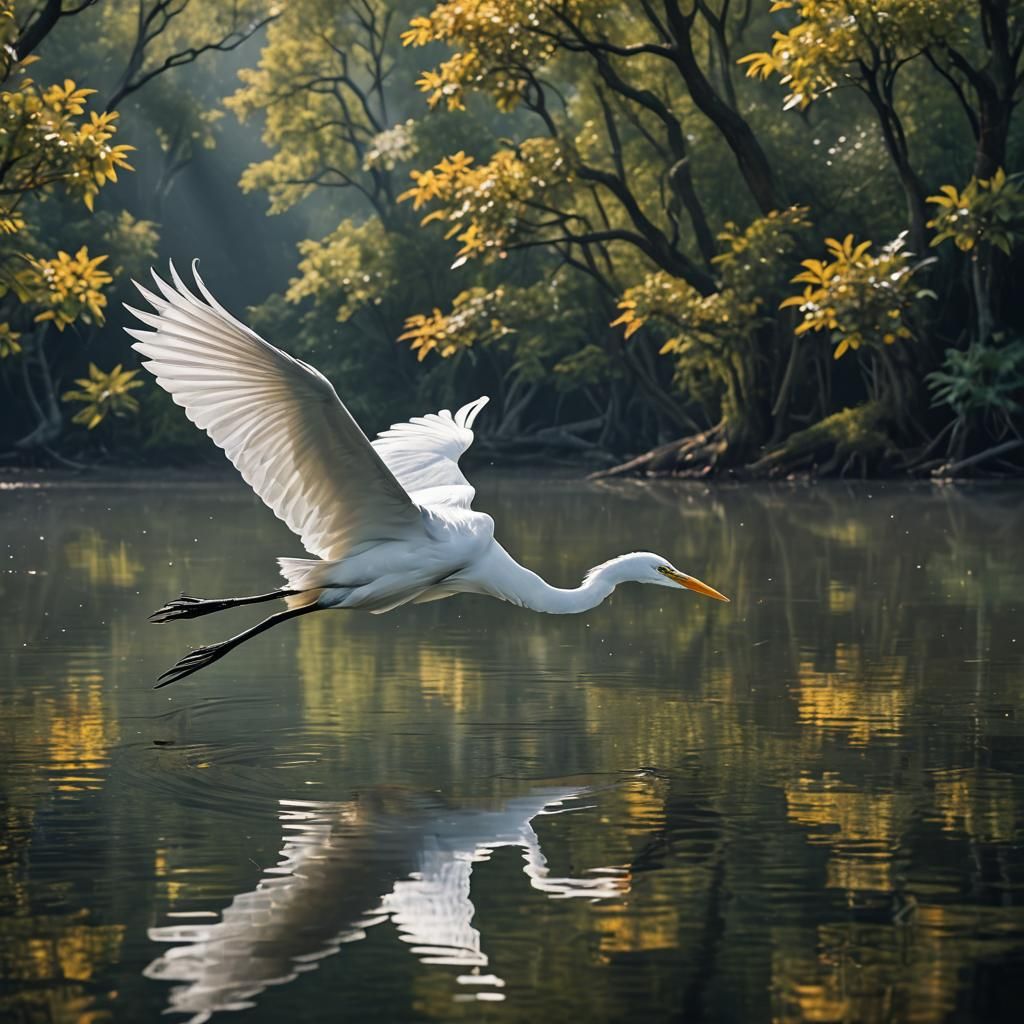 Egret Soaring Over Lake: Hyperrealistic 8K Rendering