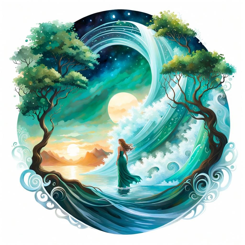 Mystic Emerald Depths Goddess in Watercolor Ink