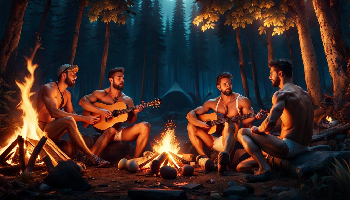 Muscular Men Singing Around Campfire in Forest