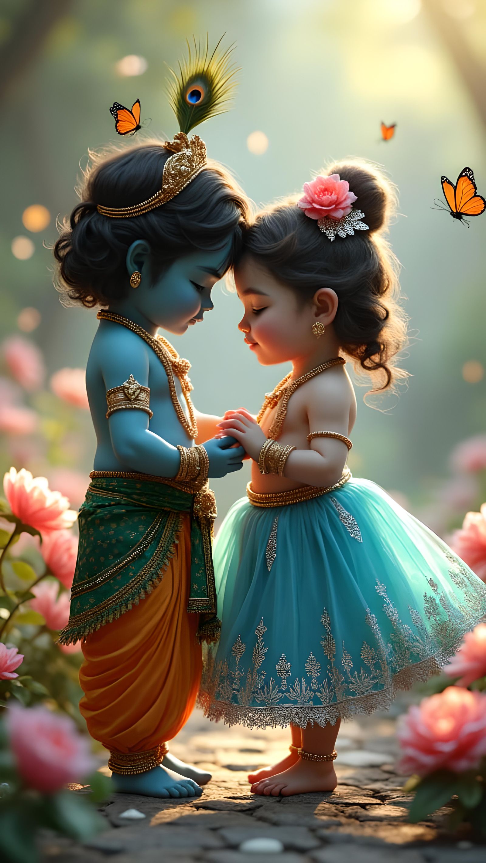 Radha and Krishna as Toddlers in Heavenly Garden