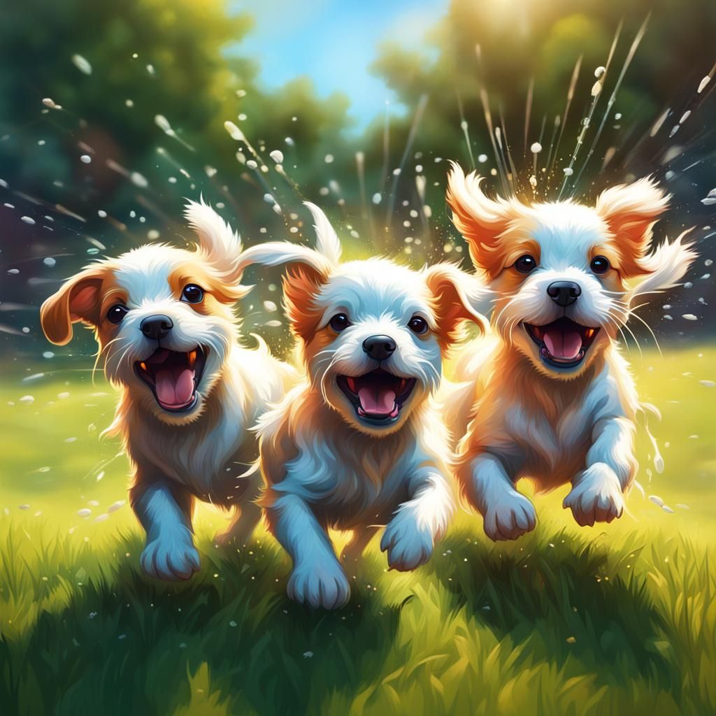 Happy Puppies Play in Sprinkler, Hyperrealistic Art