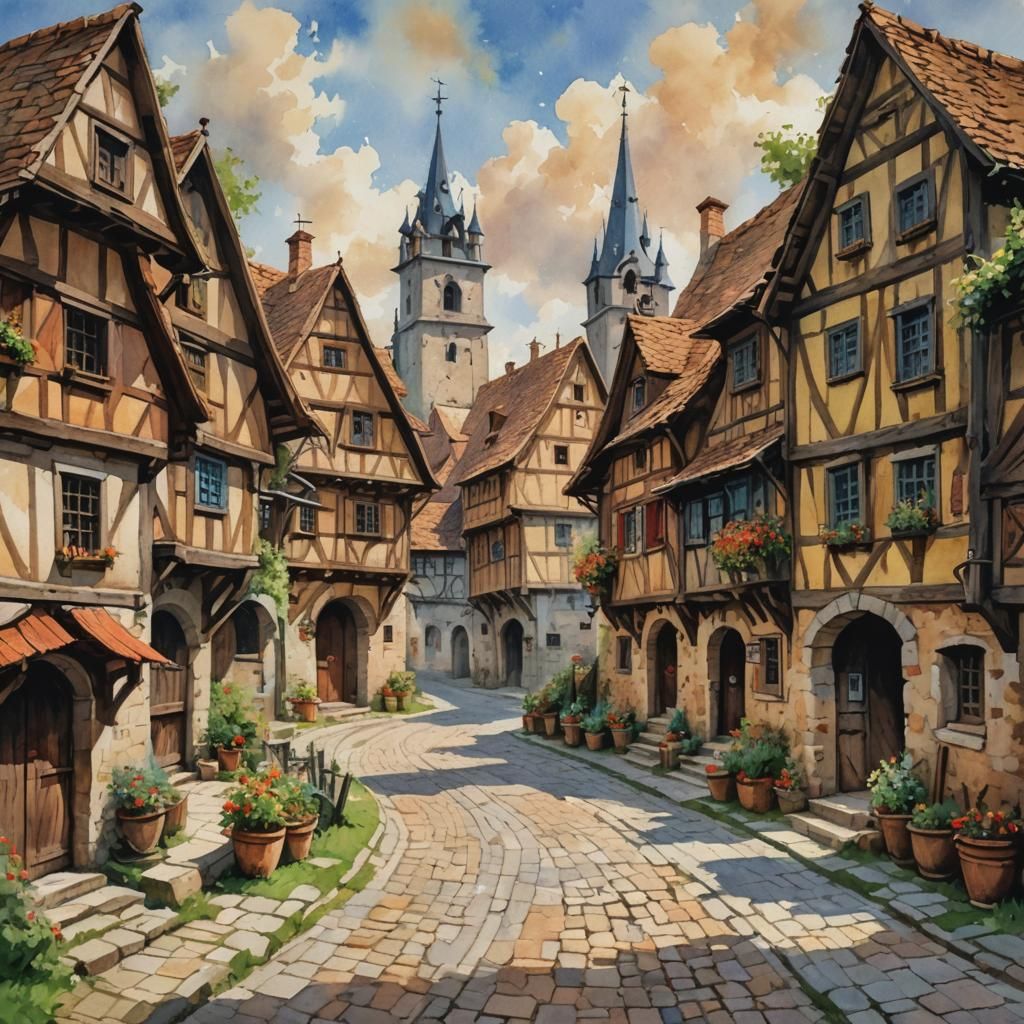 Medieval Village of Hommlet: Gouache Watercolor Painting