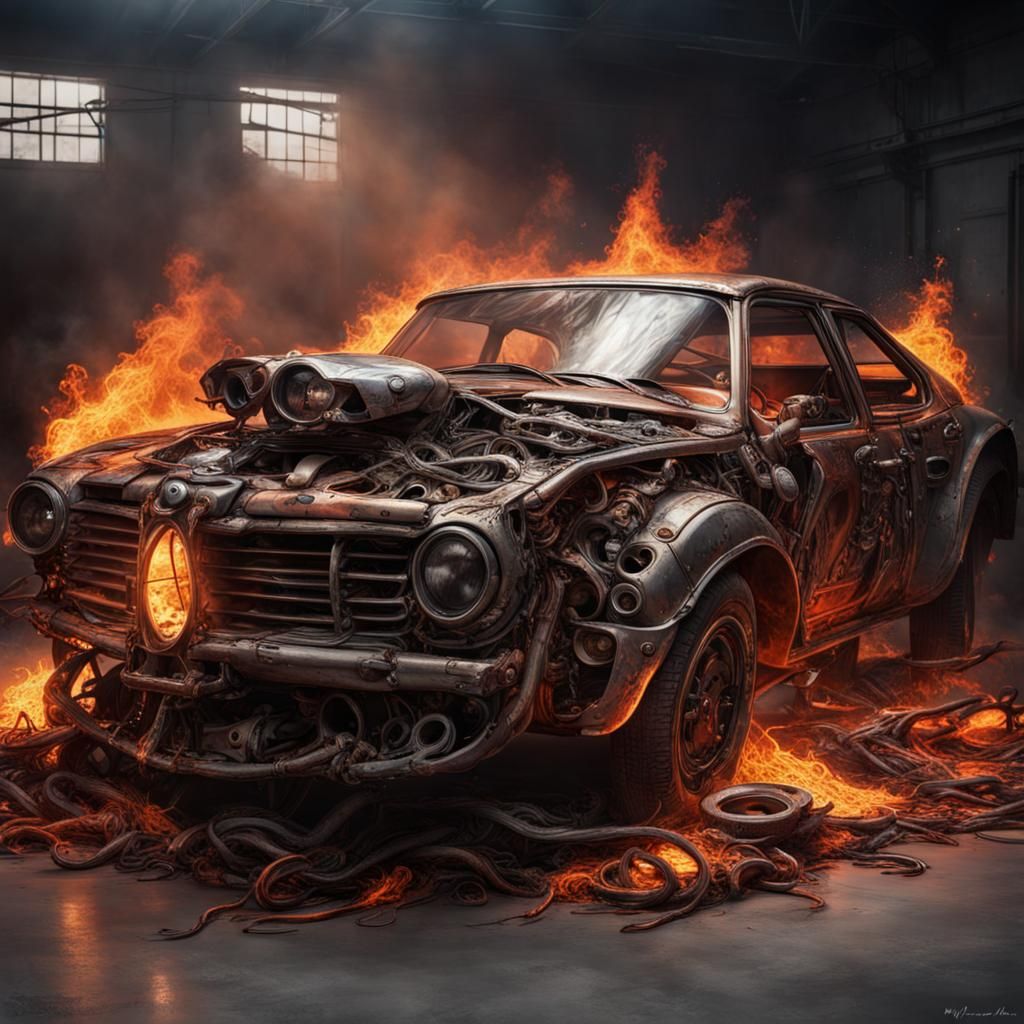 Hyperrealistic Car Part Beast in Molten Fire