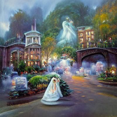 Ethereal Ghost Bride in Park, Kinkade Style