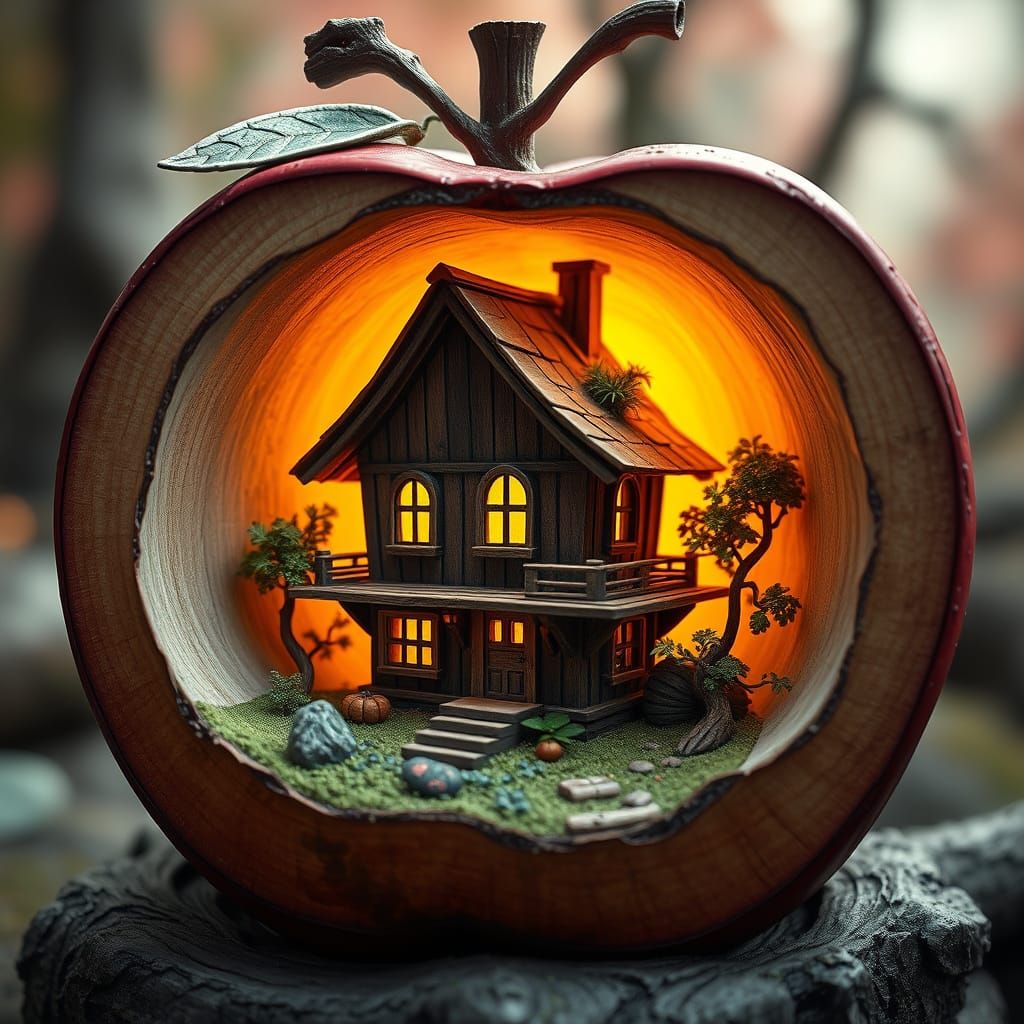 Miniature House in Wood Apple: Fantastical Scene in Deep Col...