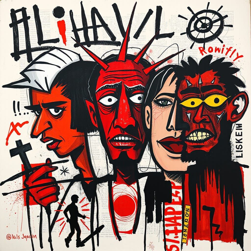 Energetic Figures in Mixed Media Basquiat Style