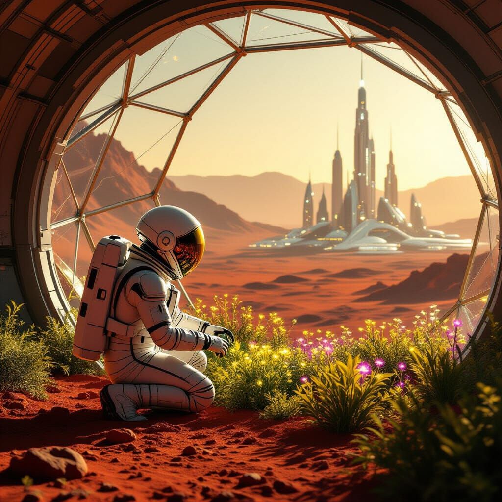 Astronaut Tends Glowing Martian Garden in Crystal Dome