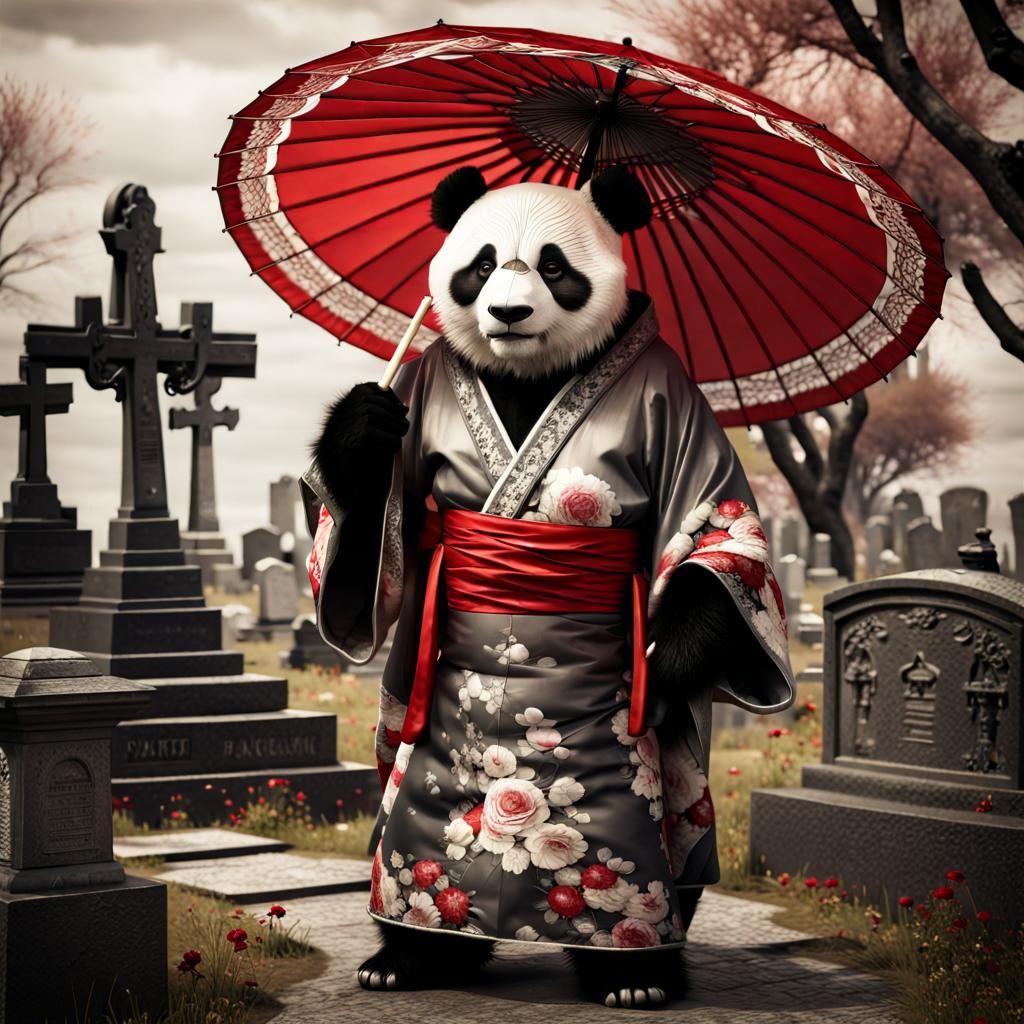 Panda in Kimono in Cemetery: Vintage Photograph