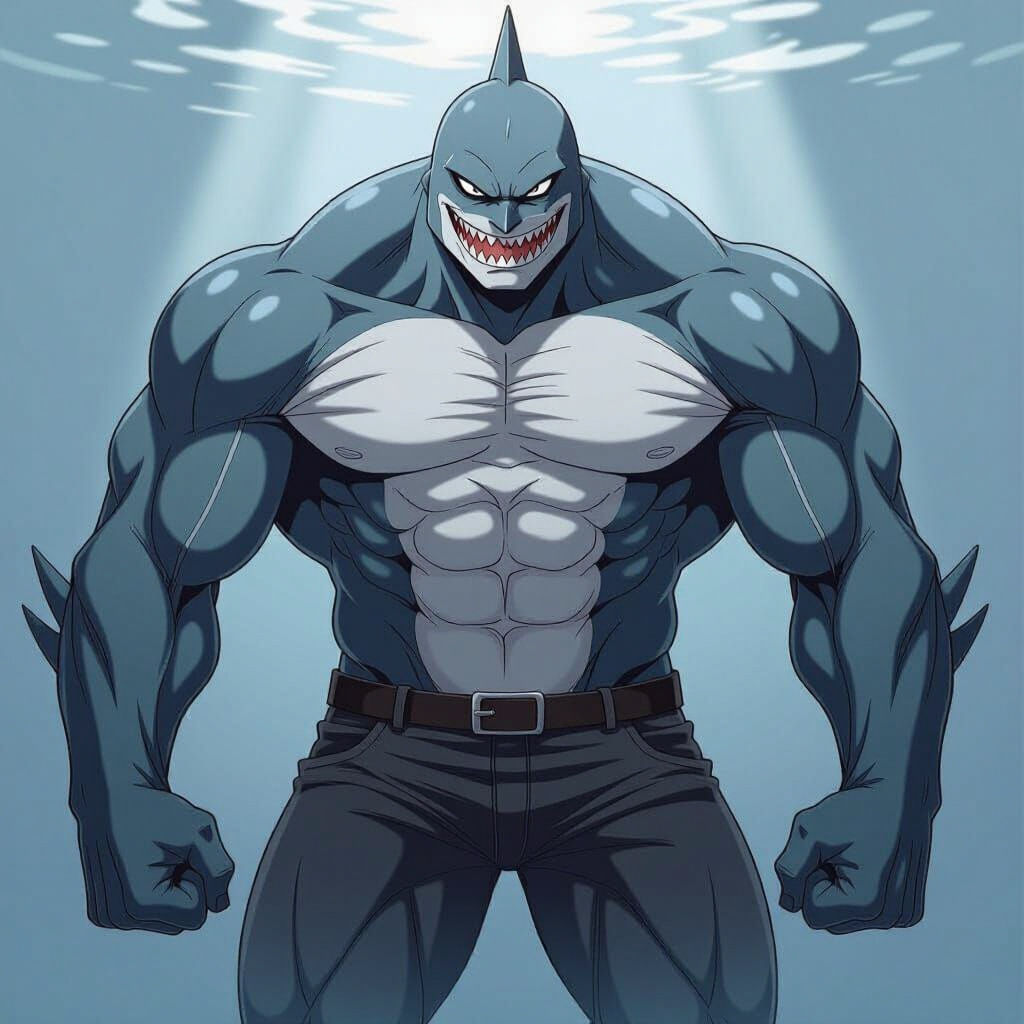 Anime Shark-Man with Extreme Musculature, Cel-Shaded