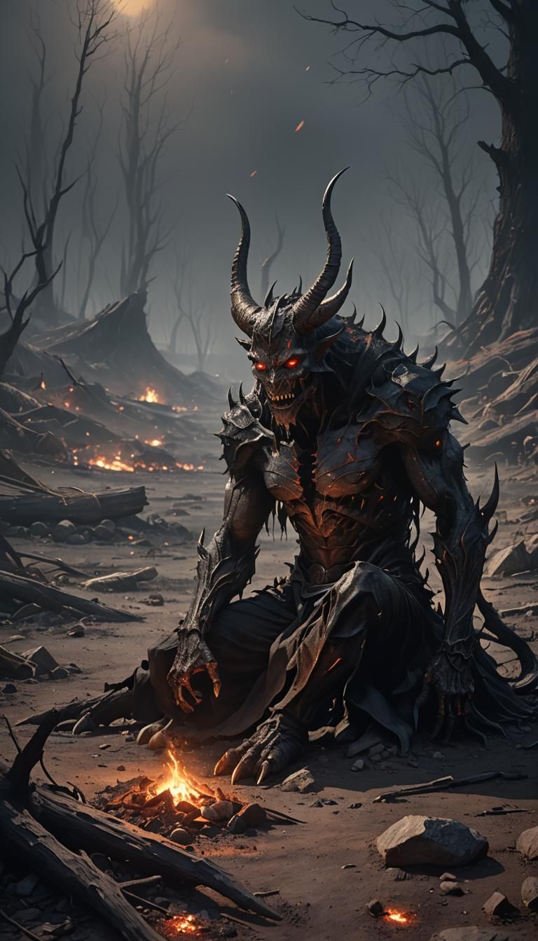 Sorrowful Demon in Desolate Landscape: Dark Fantasy Art
