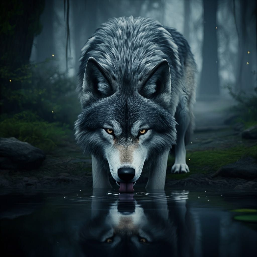 Grey Wolf Reflects in Moonlit Pond