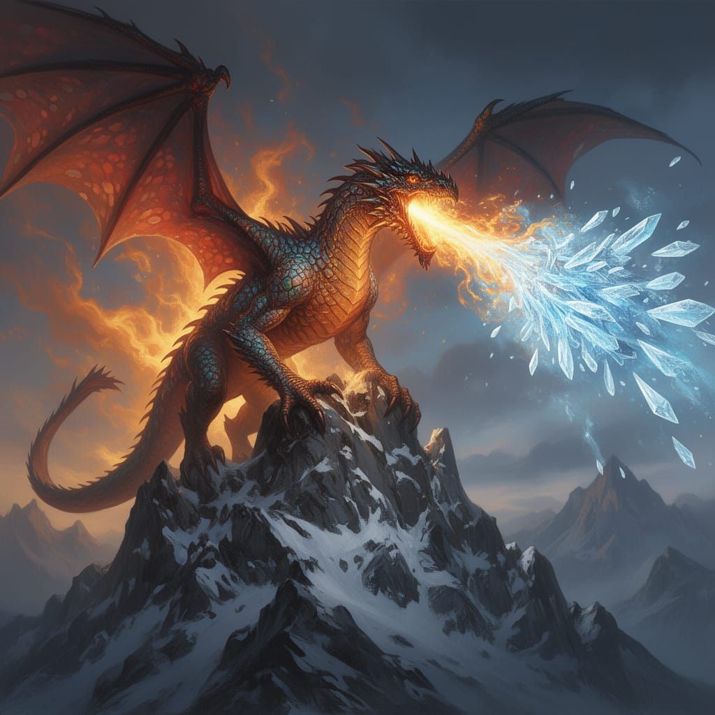 Dragon Breathes Fire and Ice on Mountain Peak