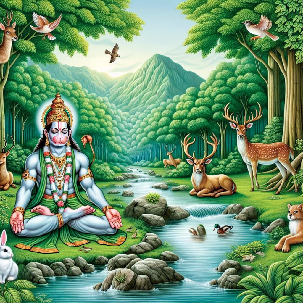 Hanuman Meditating in Lush Forest Illustration