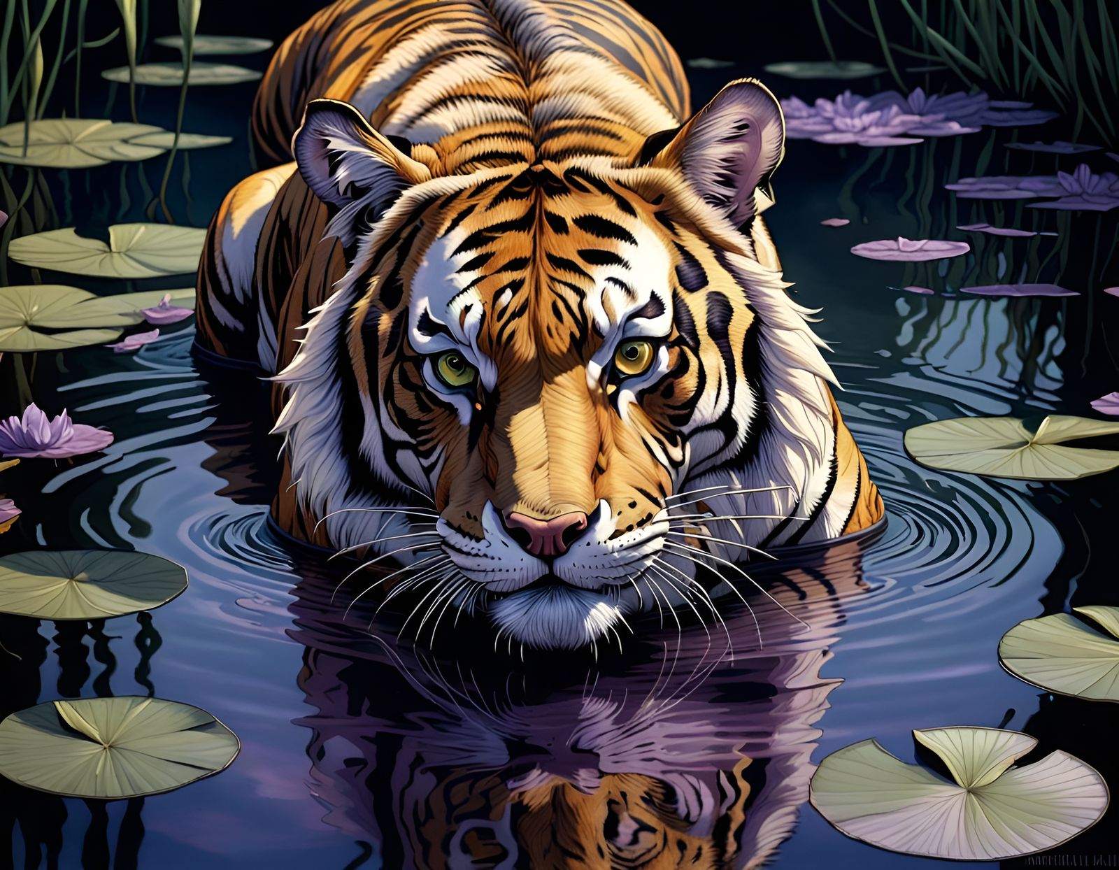 Bengal Tiger Swimming in Pond, Detailed Illustration