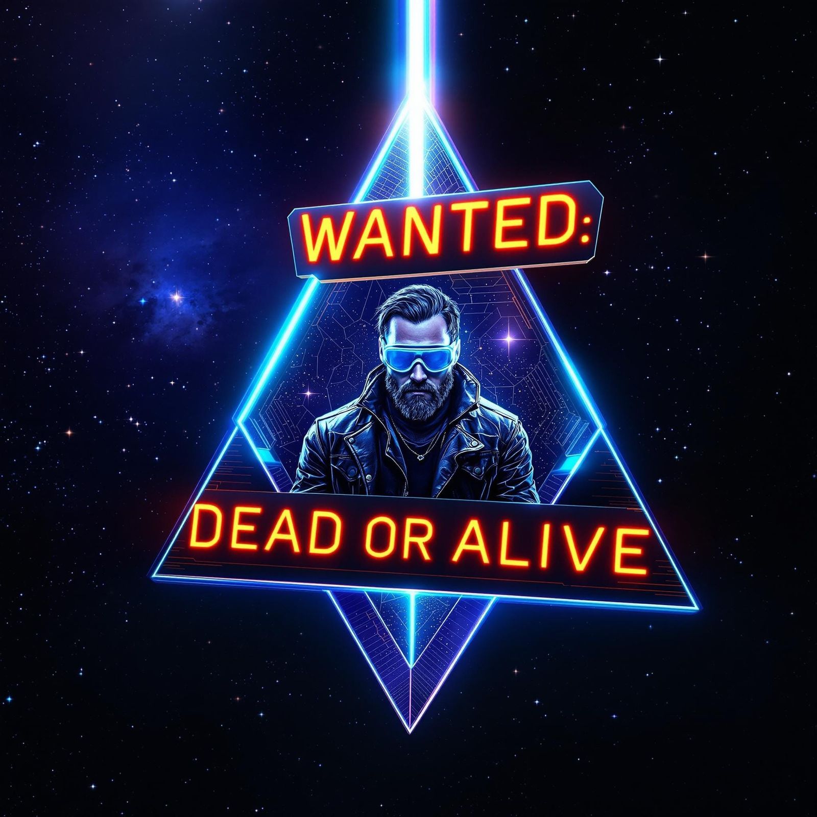 Cosmic Warrant Poster in Cyberpunk Neon Noir Style