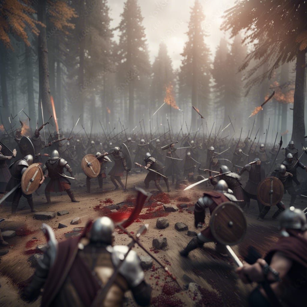 Epic Medieval Fantasy Battle in Forest, 3D Render