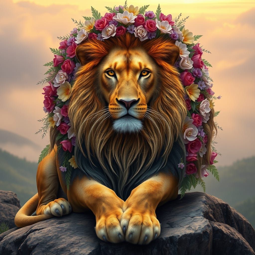 Lion with Floral Mane Overlooking Misty Valley