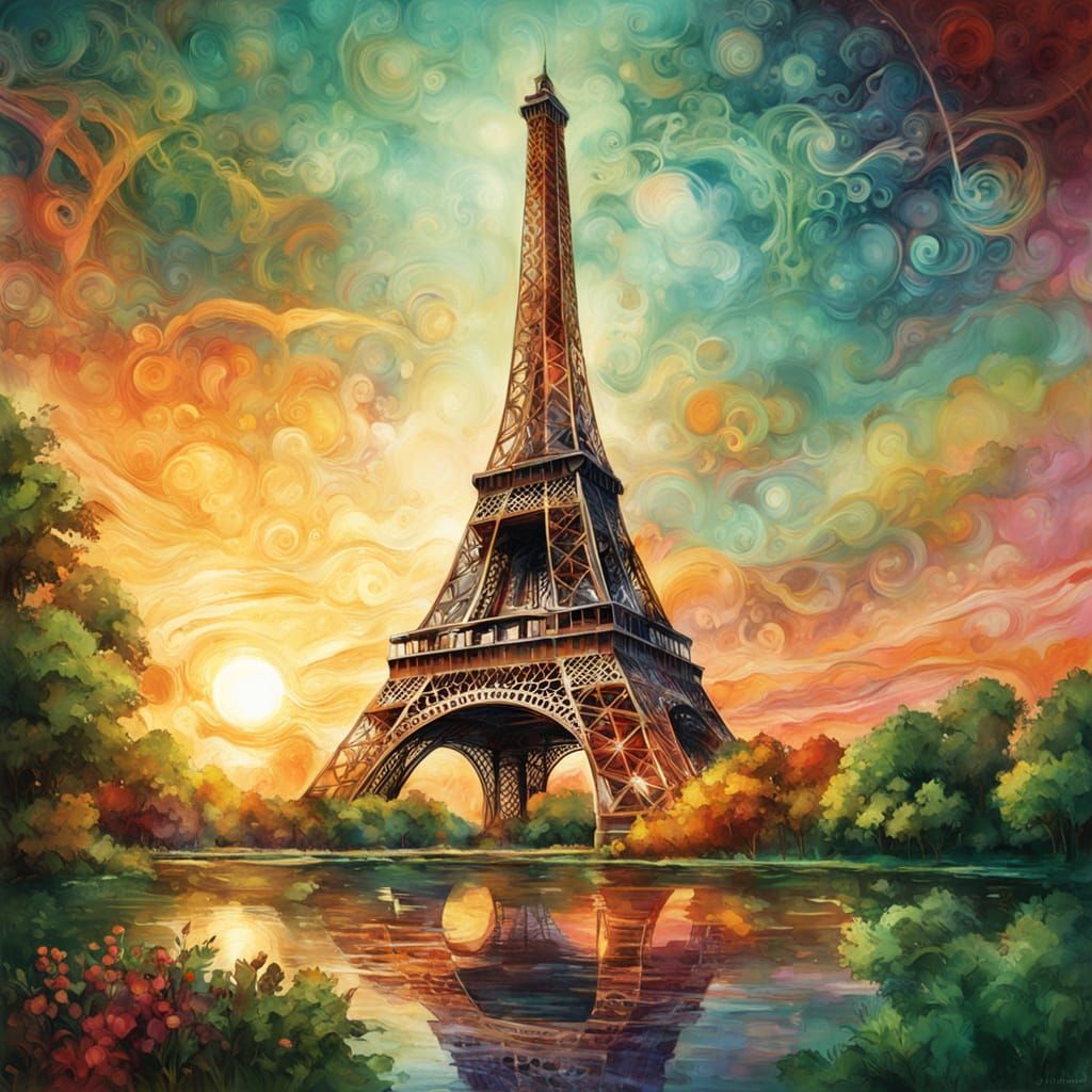 Eiffel Tower in Lush Greenery at Golden Hour Sunset